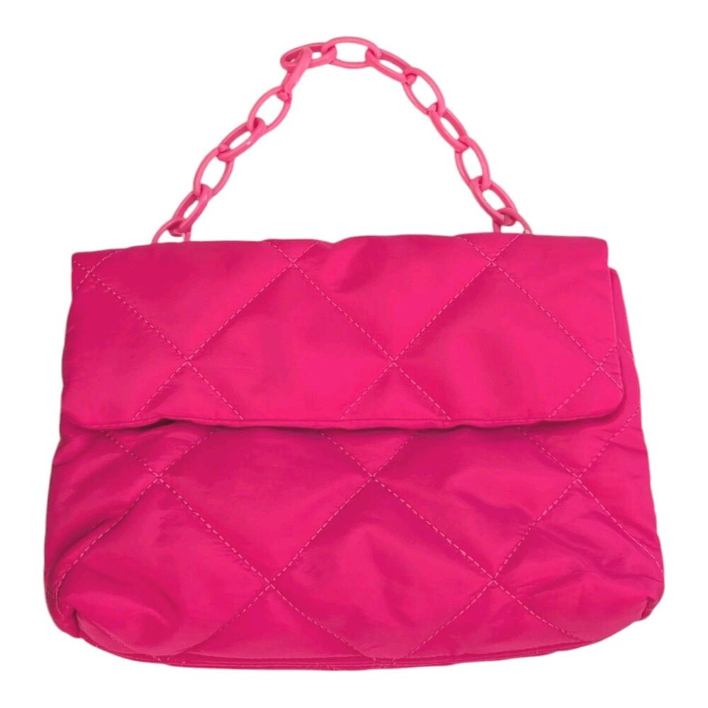 Neon Pink Quilted Nylon Rectangle Crossbody Shoulder Handbag With Chain